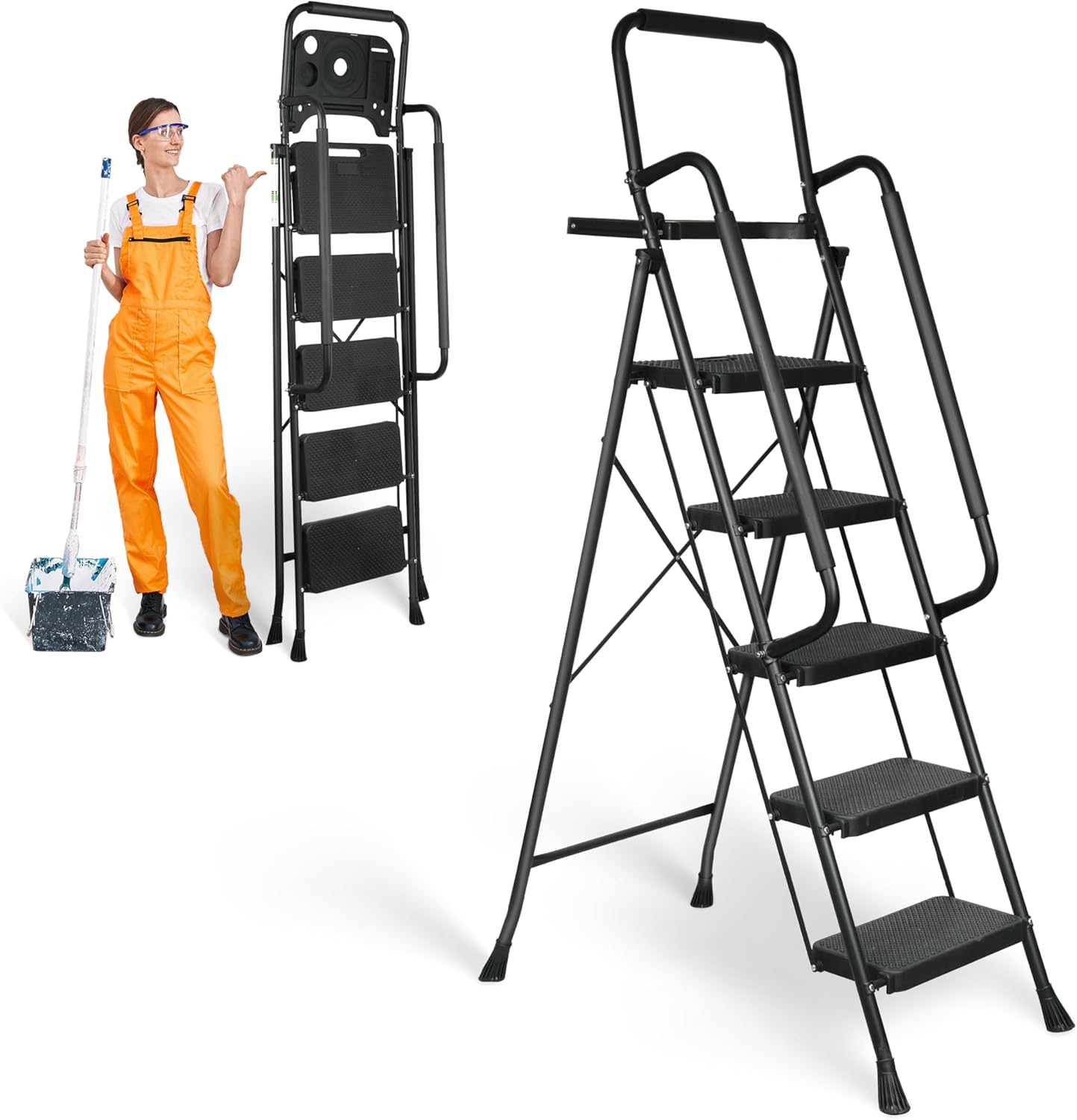 3 Step Ladder, Protable Steel Folding Stool with Wide Anti-Slip Pedal, 500lbs Sturdy Steel Ladder, Black