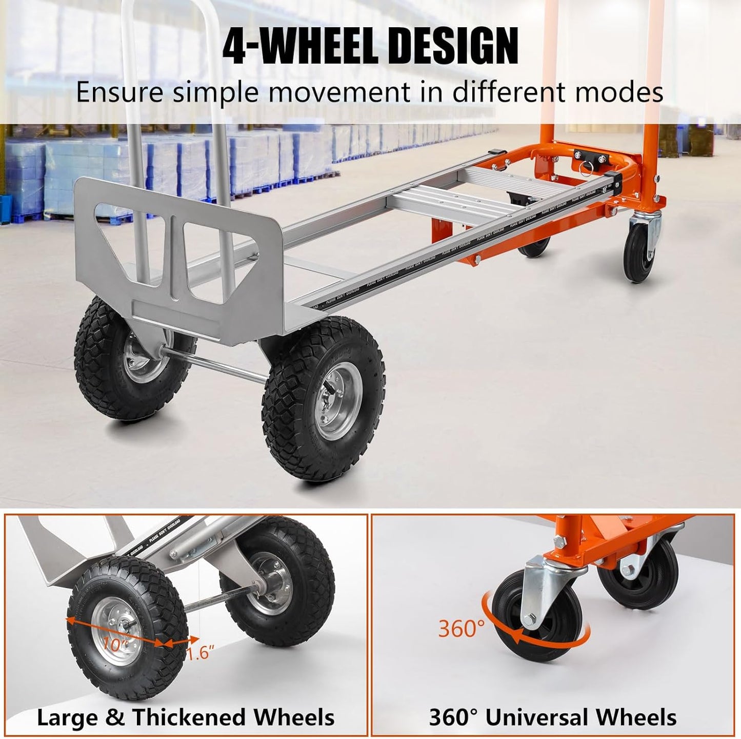 3in1 Convertible Hand Truck, Aluminum Hand Trucks 880 lb Capacity, Utility Dolly Cart Converts from Hand Truck Dolly to Platform Cart 3 Positions for Transport & Moving with 10" Rubber Wheels