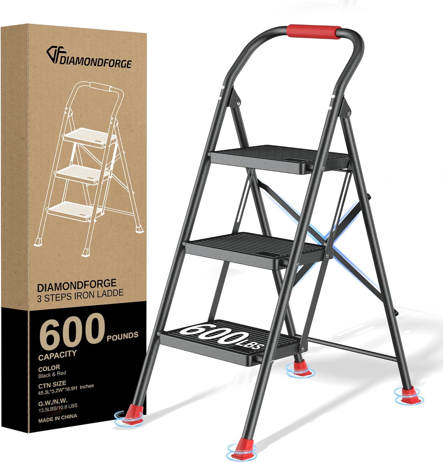 Step Ladder Foldable Folding Stool - for Home Adults Kitchen 4 Stepping Extension Tall Heavy Duty with Handrails - Closet Stepstool Stair Ladders Extendable Stepladder for Indoor House 600Lbs