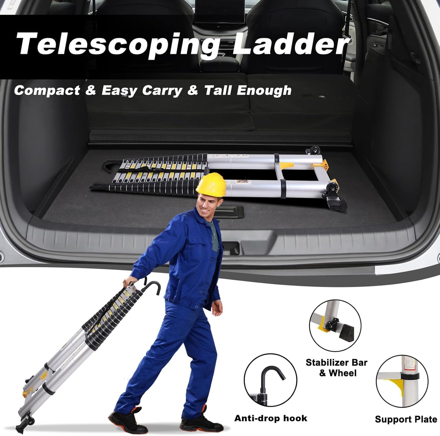 26.2FT Telescoping Ladder with Stabilizer Bar Wheels and Hooks, Multi-Purpose Extension Aluminum Folding Ladder Collapsible Adjustable Telescopic Ladders Extendable Ladder for Homeuse
