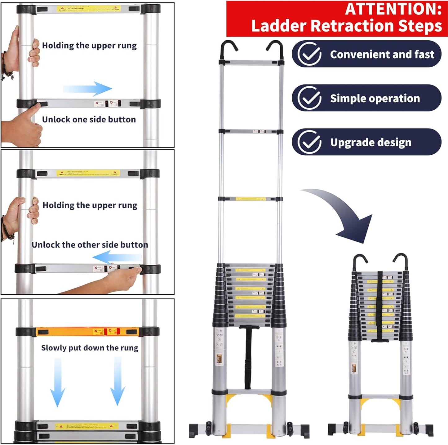 26.2FT Telescoping Ladder with Stabilizer Bar Wheels and Hooks, Multi-Purpose Extension Aluminum Folding Ladder Collapsible Adjustable Telescopic Ladders Extendable Ladder for Homeuse