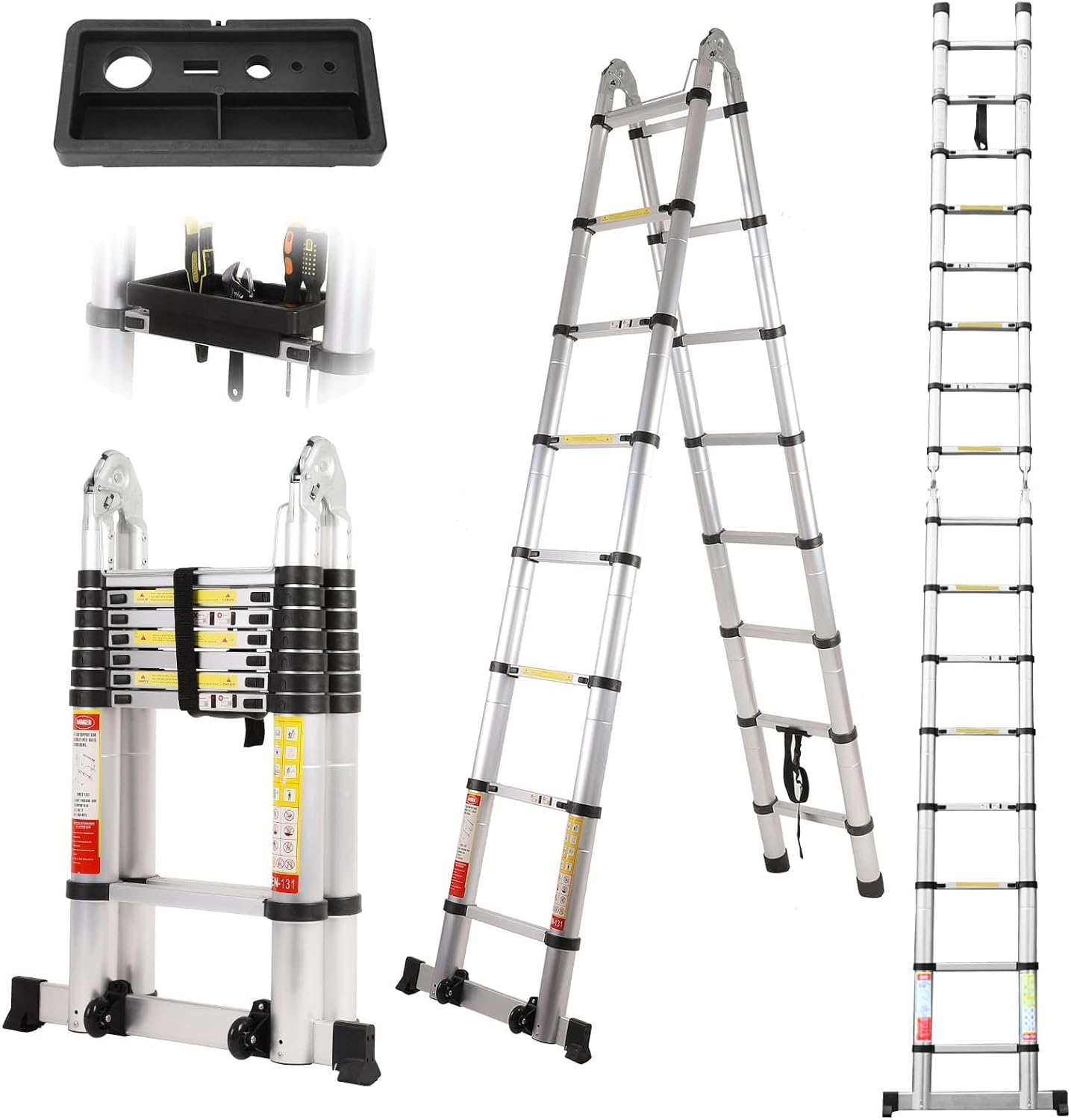 26.2FT Telescoping Ladder with Stabilizer Bar Wheels and Hooks, Multi-Purpose Extension Aluminum Folding Ladder Collapsible Adjustable Telescopic Ladders Extendable Ladder for Homeuse