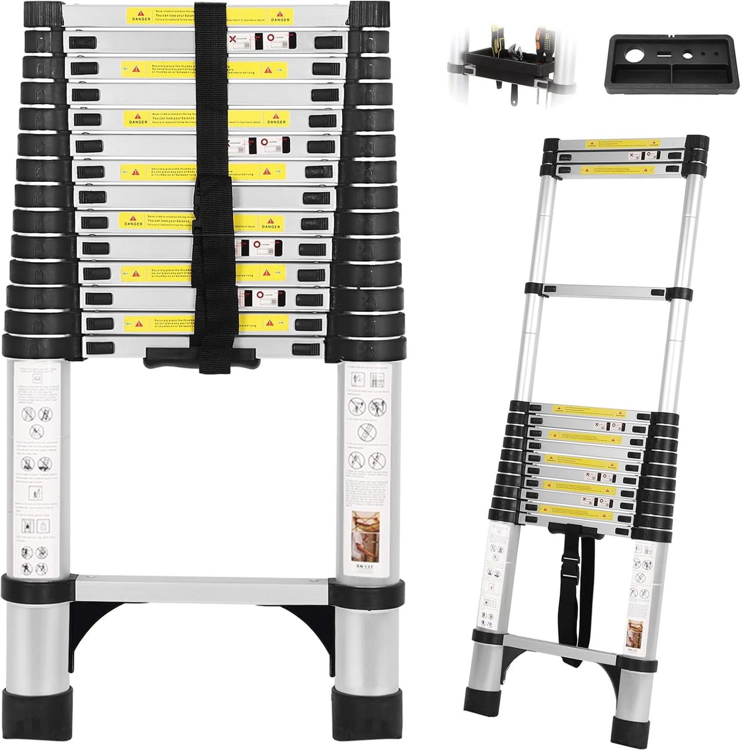 26.2FT Telescoping Ladder with Stabilizer Bar Wheels and Hooks, Multi-Purpose Extension Aluminum Folding Ladder Collapsible Adjustable Telescopic Ladders Extendable Ladder for Homeuse