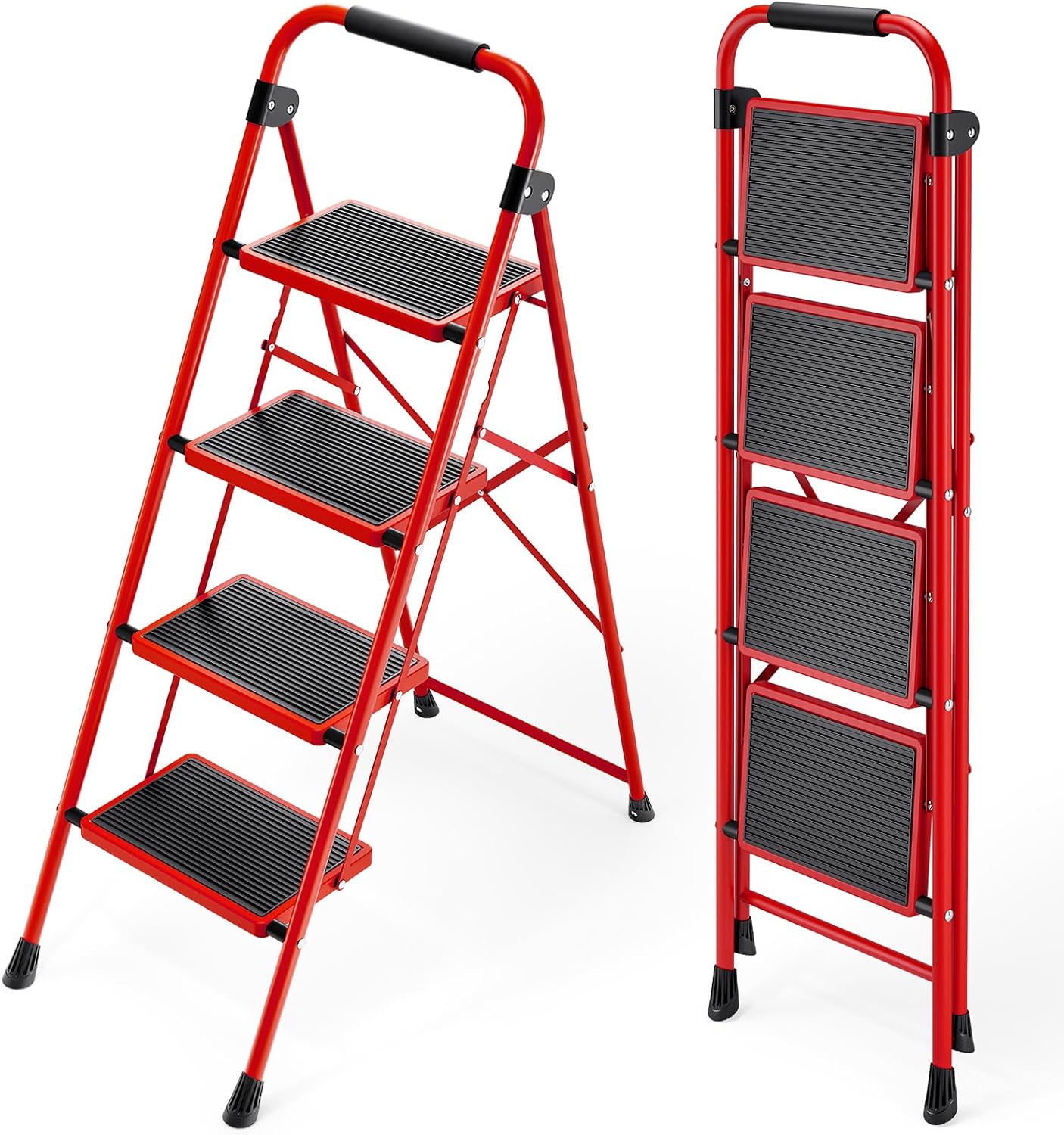 KINGRACK Step Ladder 4 Step Folding Step Stool for Adults with Handrails Heavy Duty Steel Sturdy Lightweight Collapsible Portable Step Ladder with Anti-Slip Wide Pedal,White