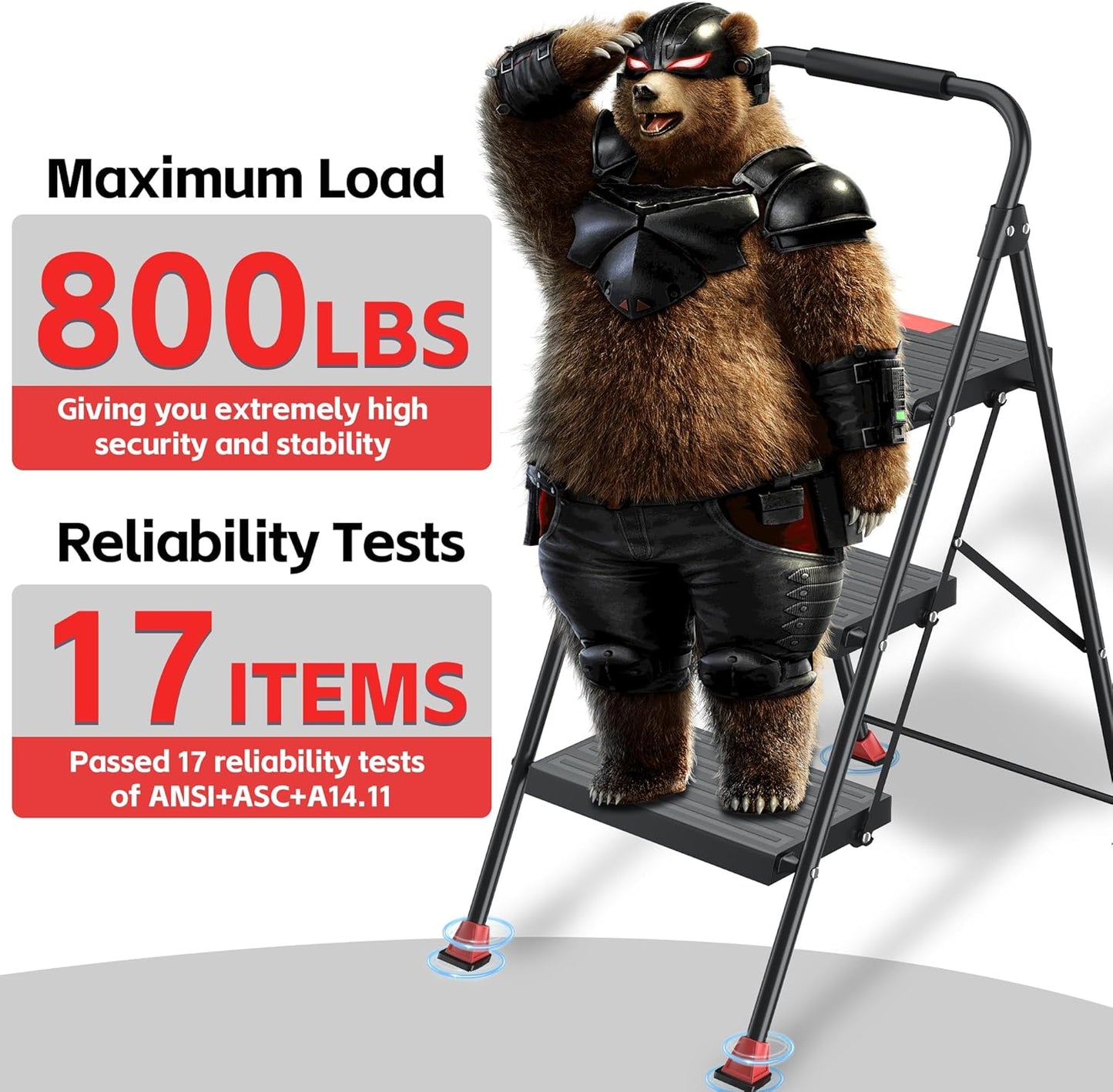 Step Ladder Foldable Folding Stool - for Home Adults Kitchen 3 Stepping Extension Tall Heavy Duty with Handrails - Closet Stepstool Stair Ladders Extendable Stepladder for Indoor House 800Lbs