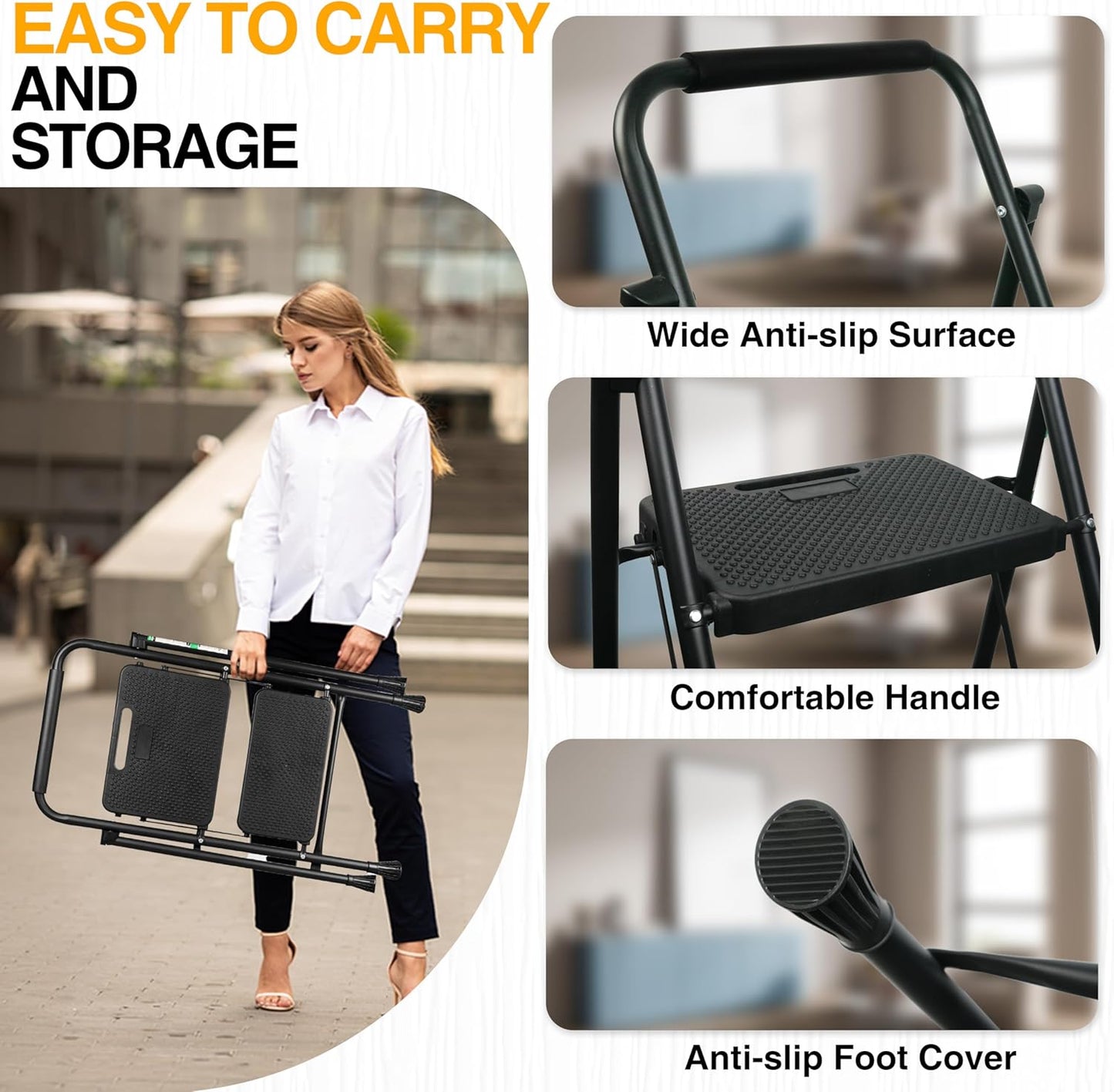 2 Step Ladder, Portable Steel Folding Step Stool with Wide Anti-Slip Pedal & Convenient Handgrip, 500lbs Sturdy Steel Ladder, Black