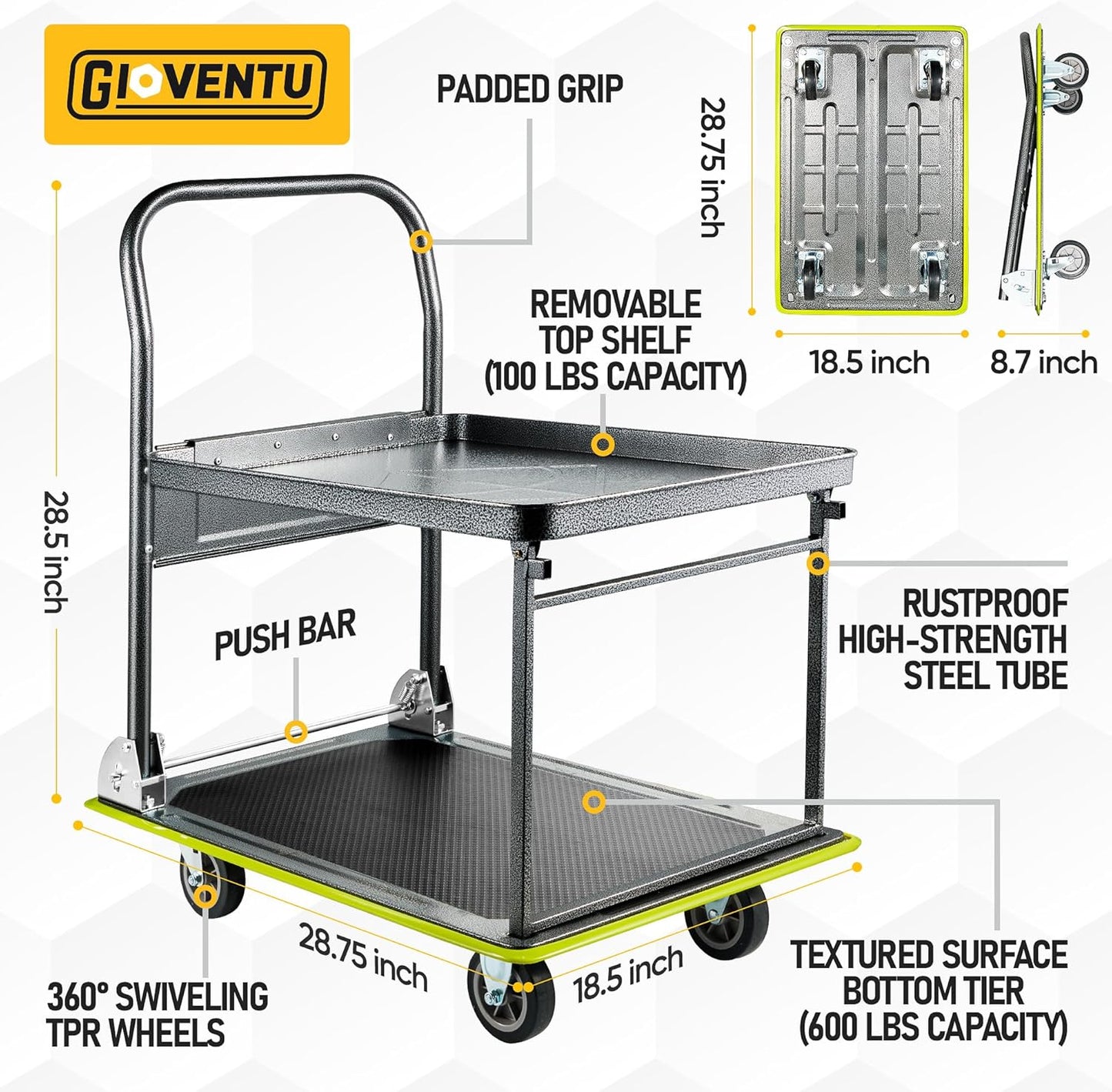 Heavy Duty Push Cart Dolly (700 lbs), Foldable Platform Hand Truck Made with High-Strength Steel, 2 Tier Design, Moving Flatbed Cart with Wheels for Warehouse, Garage, Workshop, Office