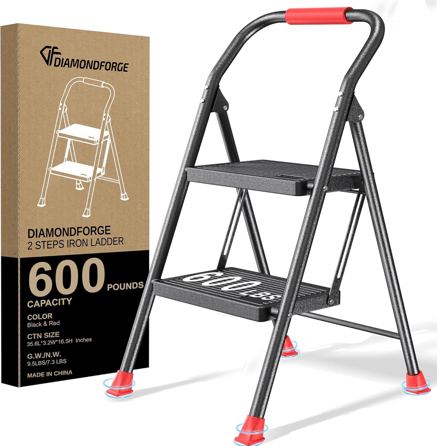 Step Ladder Foldable Folding Stool - for Home Adults Kitchen 4 Stepping Extension Tall Heavy Duty with Handrails - Closet Stepstool Stair Ladders Extendable Stepladder for Indoor House 600Lbs