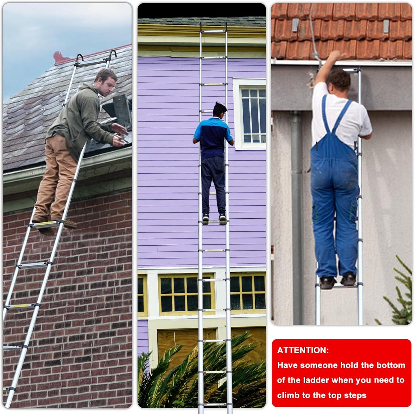 26.2FT Telescoping Ladder with Stabilizer Bar Wheels and Hooks, Multi-Purpose Extension Aluminum Folding Ladder Collapsible Adjustable Telescopic Ladders Extendable Ladder for Homeuse