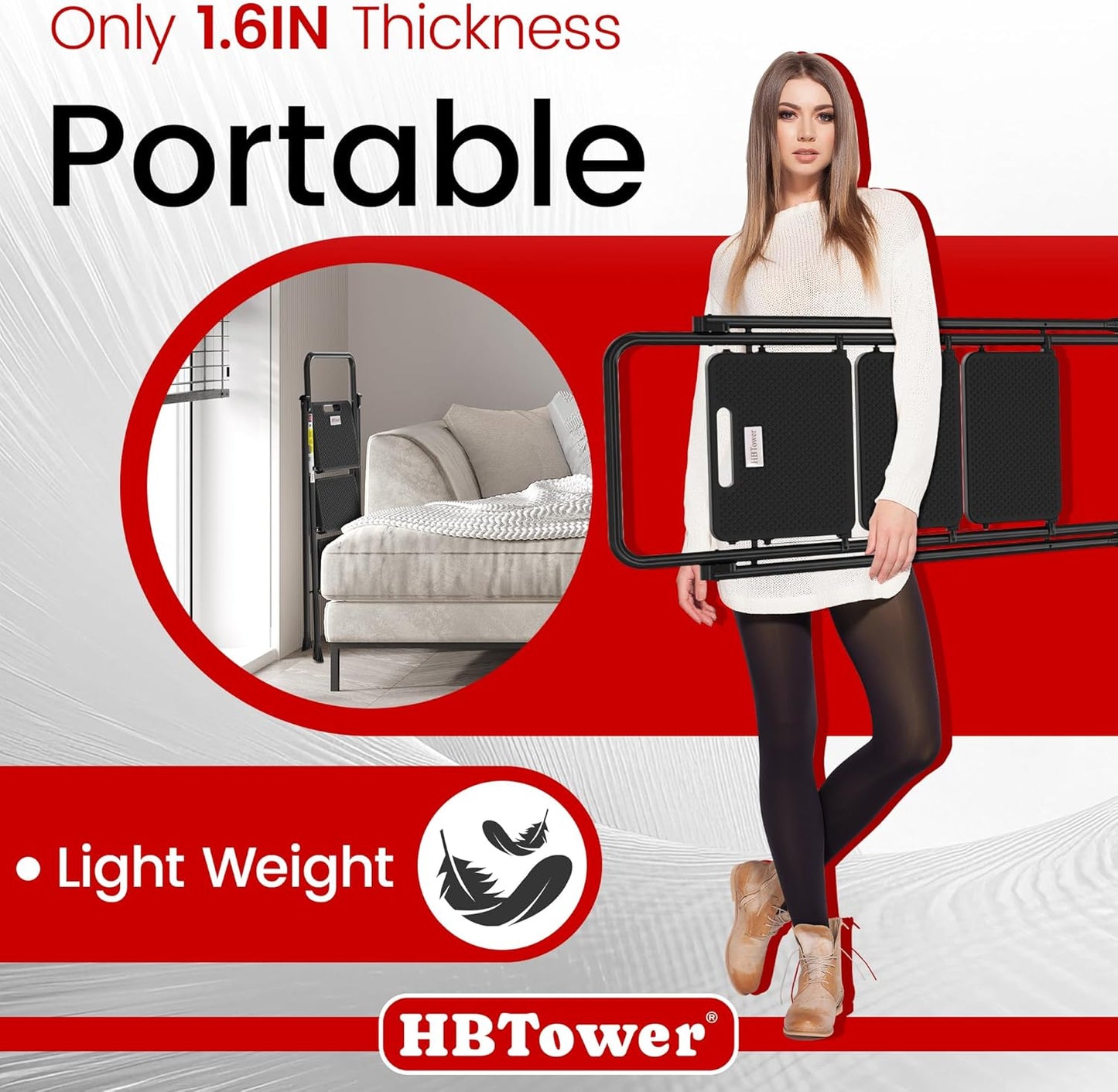 HBTower Step Ladder, Folding Step Stool with Wide Anti-Slip Pedal, Sturdy Steel Ladder, Convenient Handrail, Lightweight, Portable Steel Step Stool