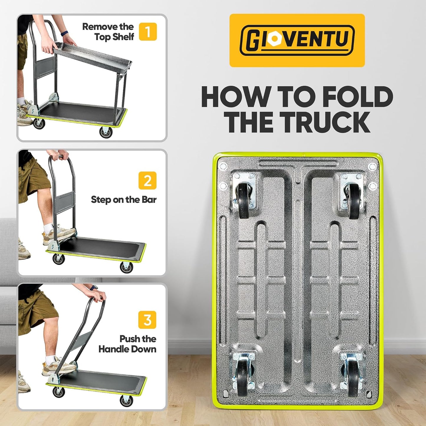 Heavy Duty Push Cart Dolly (700 lbs), Foldable Platform Hand Truck Made with High-Strength Steel, 2 Tier Design, Moving Flatbed Cart with Wheels for Warehouse, Garage, Workshop, Office