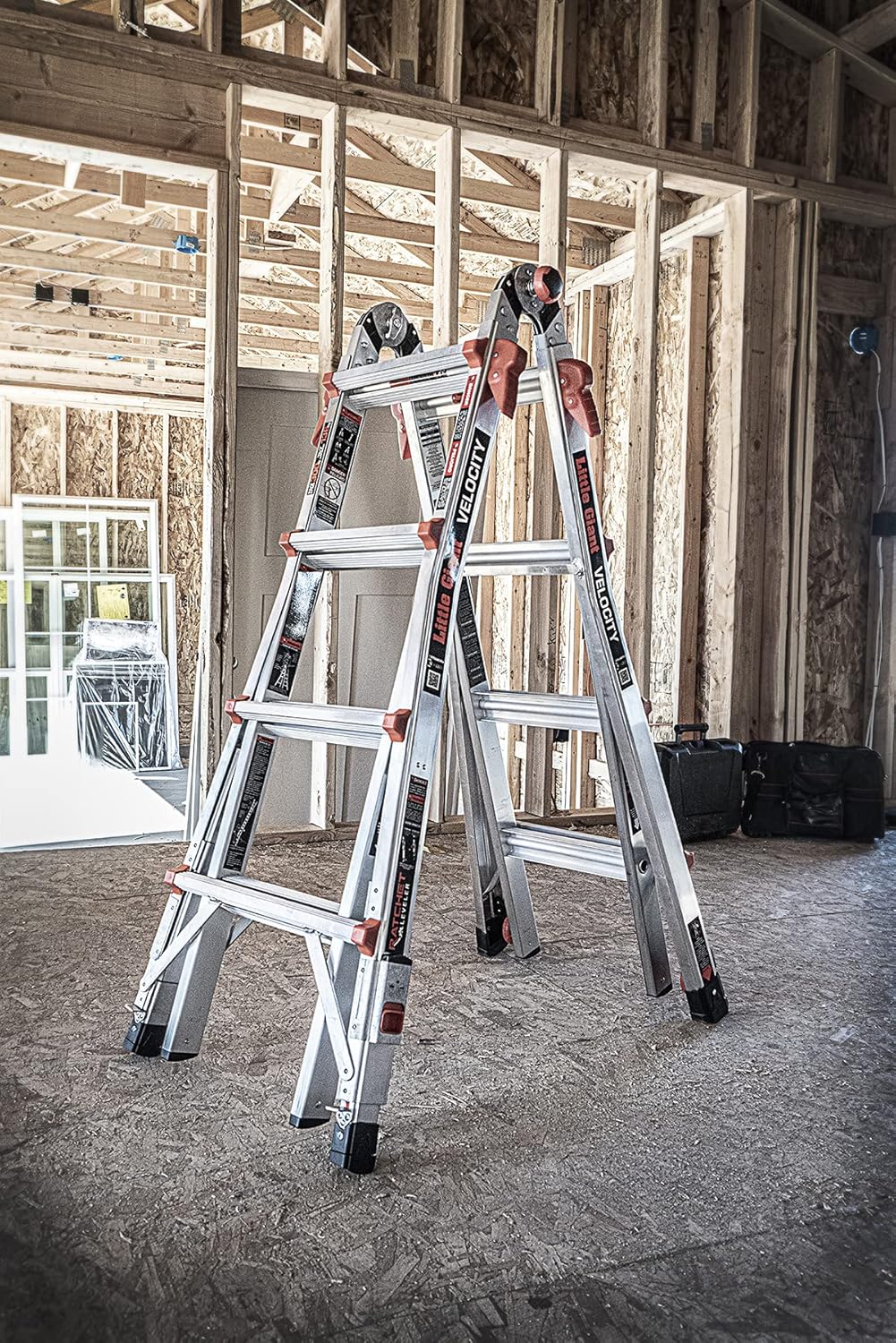 Little Giant Ladders Velocity 17-Ft Folding Multi-Position Ladder, Aluminum, 300 lb Load Capacity, Type 1A Extra Heavy Duty, 18-Ft Reach, with Ratchet Levelers and Wheels (15417-801)