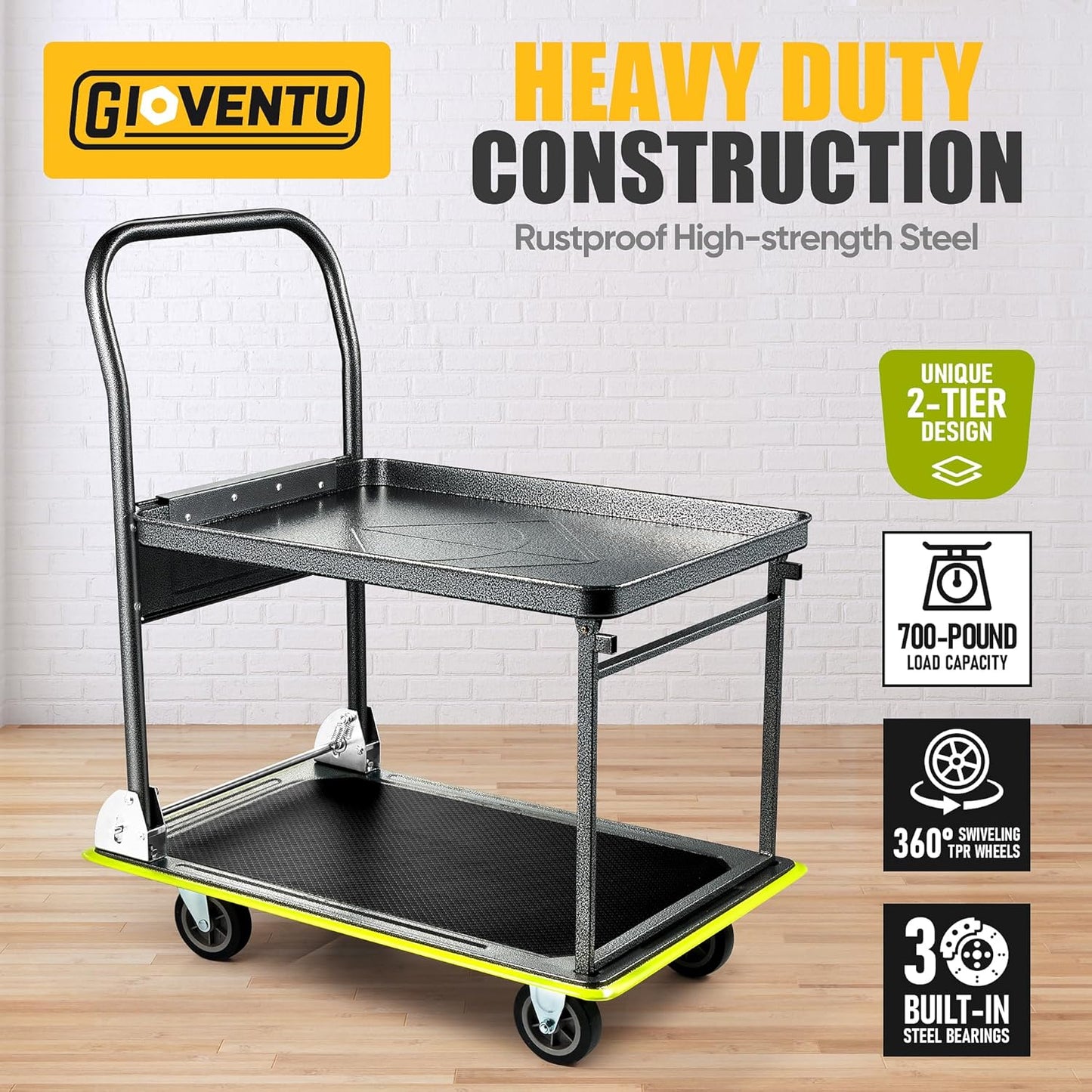 Heavy Duty Push Cart Dolly (700 lbs), Foldable Platform Hand Truck Made with High-Strength Steel, 2 Tier Design, Moving Flatbed Cart with Wheels for Warehouse, Garage, Workshop, Office