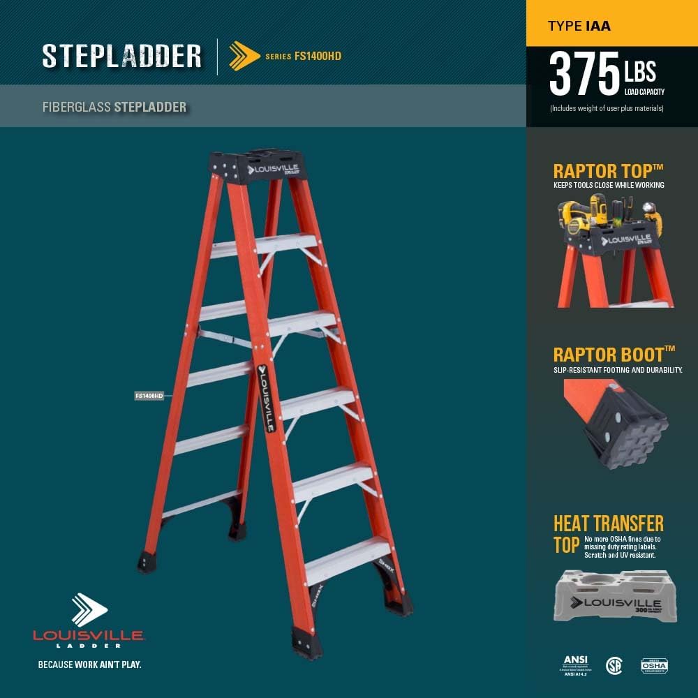 Louisville Ladder 8-Foot Fiberglass Step Ladder, 375-Pound Load Capacity, Type IAA, FS1408HD