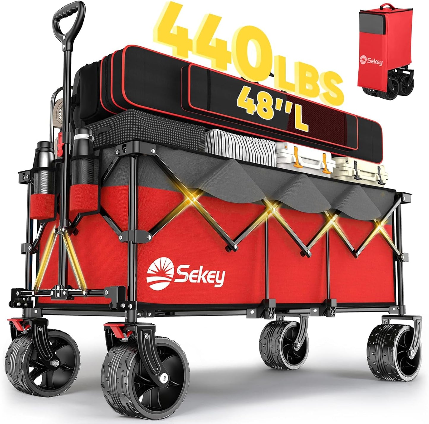 Sekey 48''L Collapsible Foldable Extended Wagon with 440lbs Weight Capacity, Heavy Duty 300L Folding Utility Garden Cart with Big All-Terrain Beach Wheels & Drink Holders. Black
