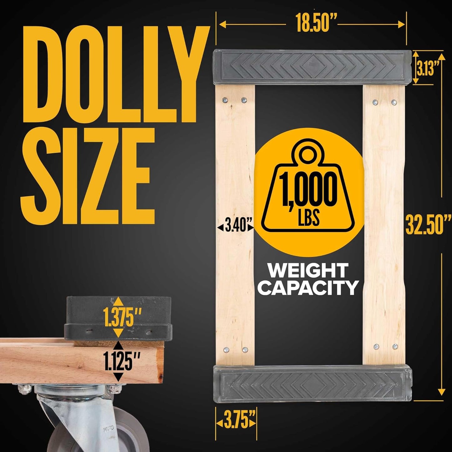 US Cargo Control Furniture Dolly Heavy Duty with Rubber Caps 18" x 32", 1,000 LBS Capacity, Heavy Duty 4 Wheel Dolly for Moving Furniture and Heavy Items, Non-Marking 4" Rubber Swivel Wheels