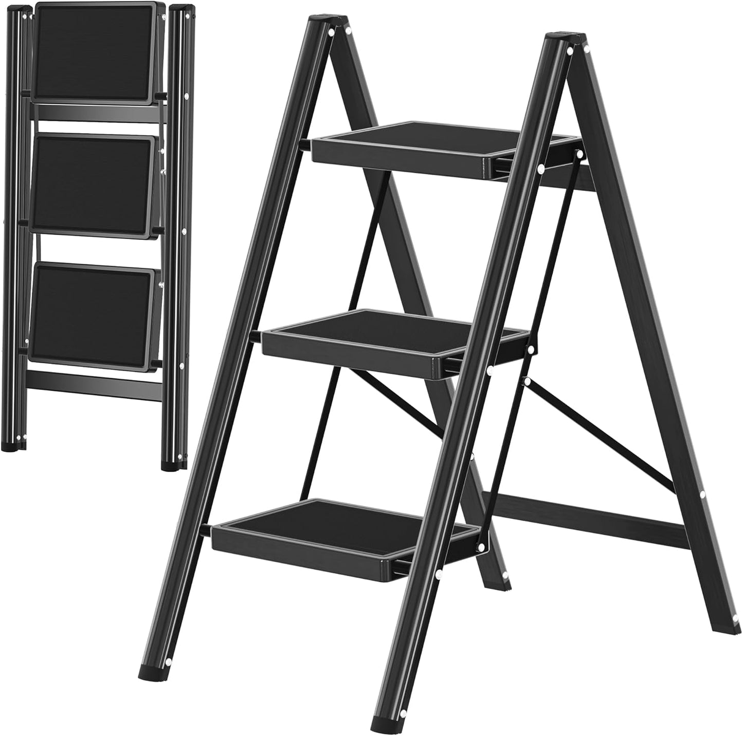 Step Ladder Foldable Folding Stool - for Home Adults Kitchen 4 Stepping Extension Tall Heavy Duty with Handrails - Closet Stepstool Stair Ladders Extendable Stepladder for Indoor House 600Lbs