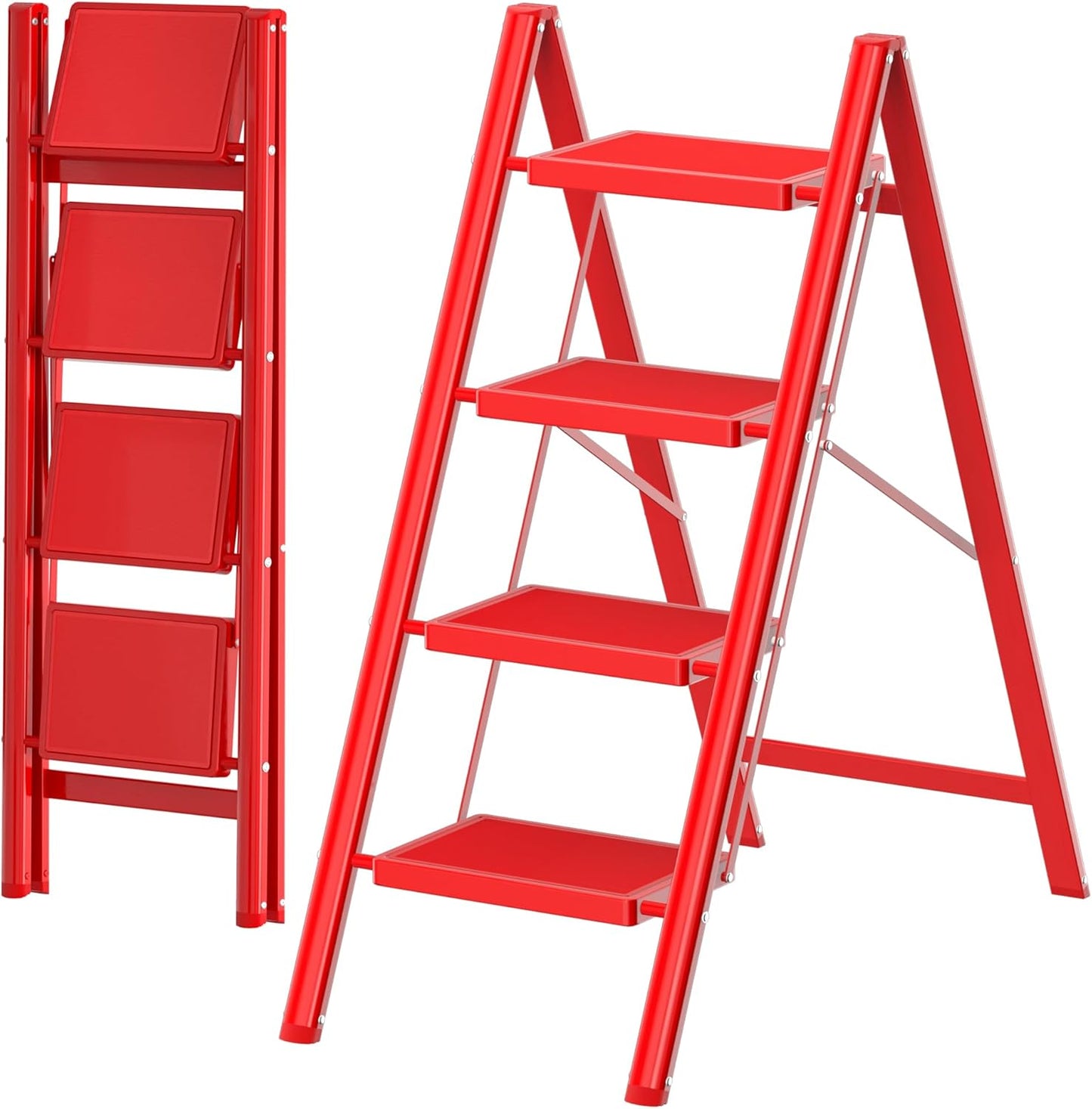 Step Ladder Foldable Folding Stool - for Home Adults Kitchen 4 Stepping Extension Tall Heavy Duty with Handrails - Closet Stepstool Stair Ladders Extendable Stepladder for Indoor House 600Lbs