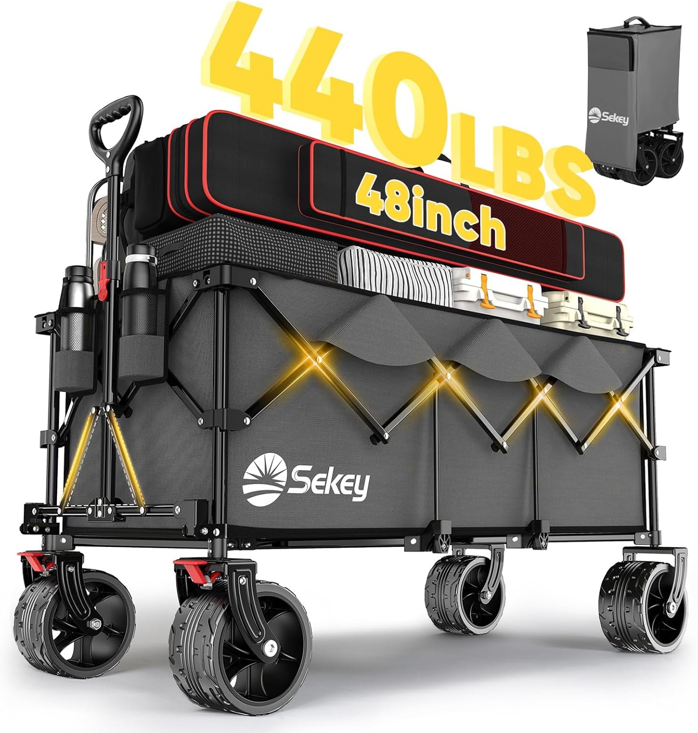 Sekey 48''L Collapsible Foldable Extended Wagon with 440lbs Weight Capacity, Heavy Duty 300L Folding Utility Garden Cart with Big All-Terrain Beach Wheels & Drink Holders. Black