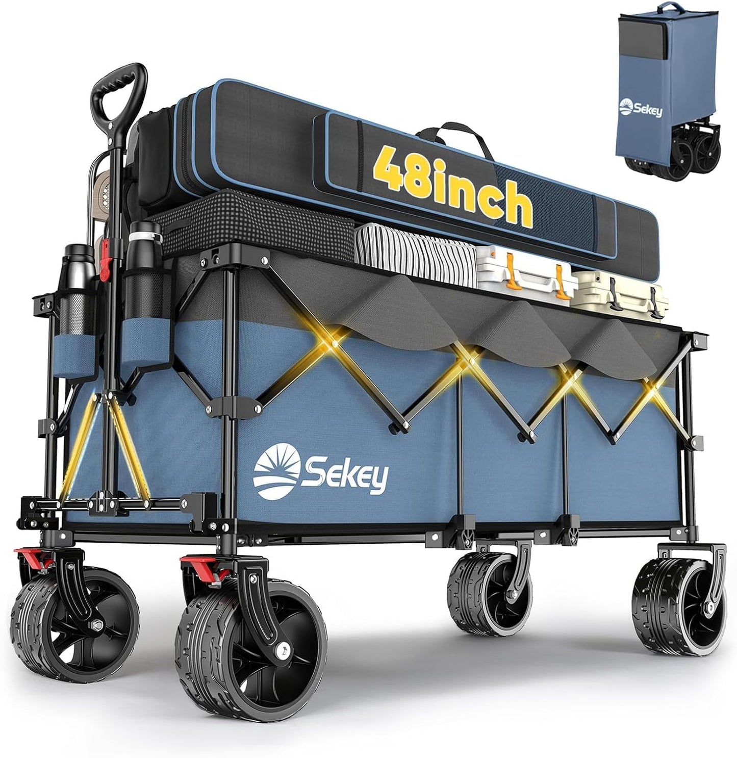 Sekey 48''L Collapsible Foldable Extended Wagon with 440lbs Weight Capacity, Heavy Duty 300L Folding Utility Garden Cart with Big All-Terrain Beach Wheels & Drink Holders. Black