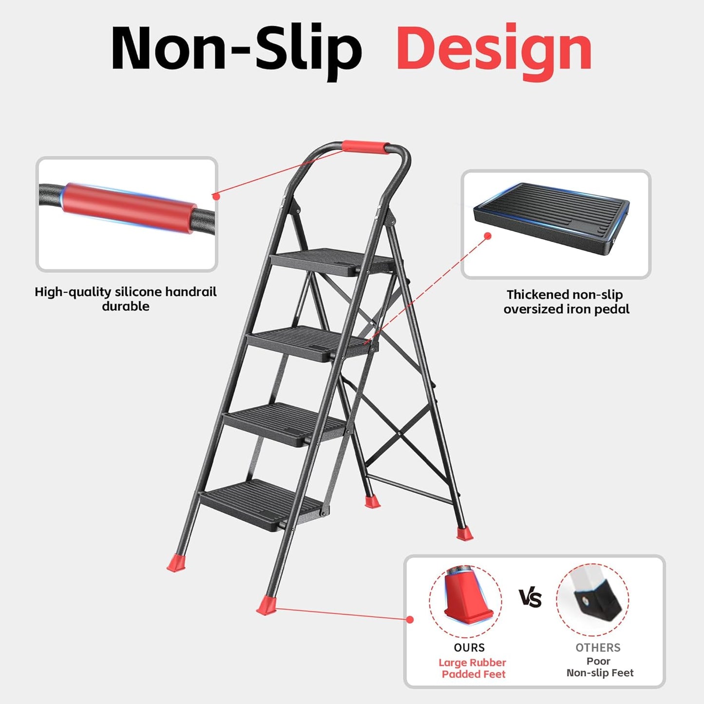 Step Ladder Foldable Folding Stool - for Home Adults Kitchen 4 Stepping Extension Tall Heavy Duty with Handrails - Closet Stepstool Stair Ladders Extendable Stepladder for Indoor House 600Lbs