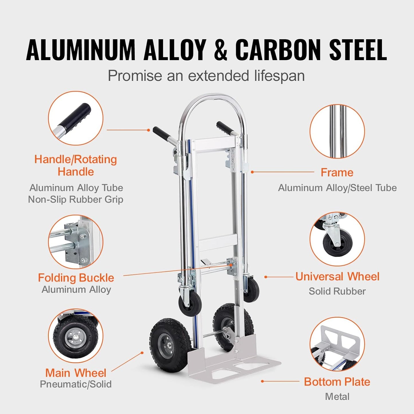 VEVOR Aluminum Truck, 2 in 1, 800 lbs Load Capacity, Heavy Duty Industrial Convertible Folding Hand Truck and Dolly, Utility Cart Converts from Hand Truck to Platform Cart with Rubber Wheels
