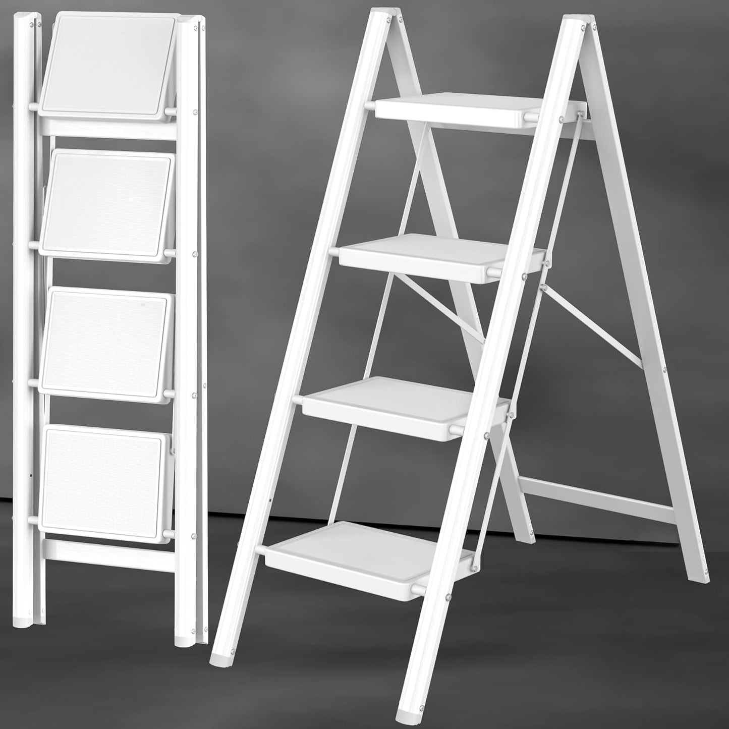 Step Ladder Foldable Folding Stool - for Home Adults Kitchen 4 Stepping Extension Tall Heavy Duty with Handrails - Closet Stepstool Stair Ladders Extendable Stepladder for Indoor House 600Lbs