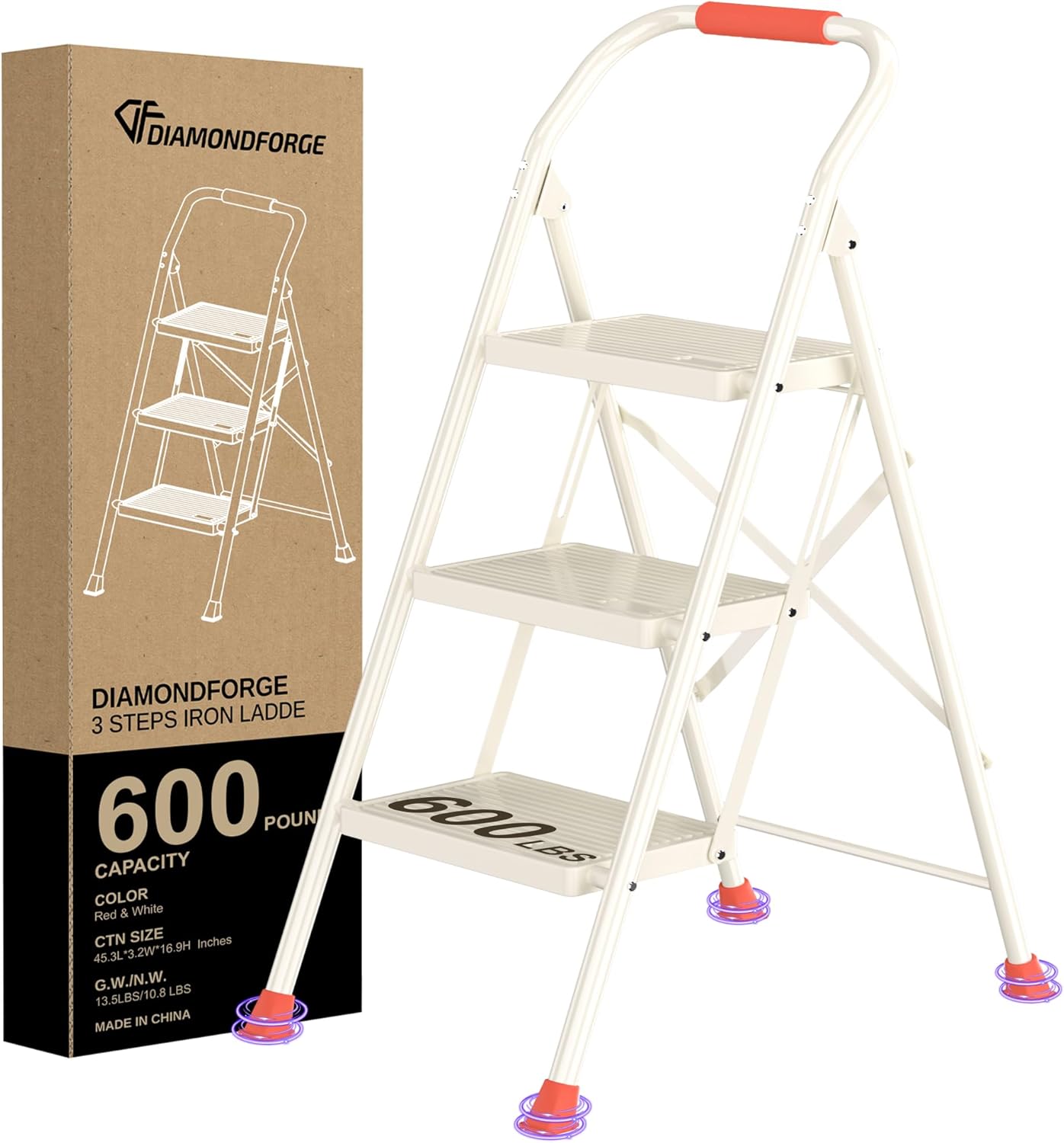 Step Ladder Foldable Folding Stool - for Home Adults Kitchen 4 Stepping Extension Tall Heavy Duty with Handrails - Closet Stepstool Stair Ladders Extendable Stepladder for Indoor House 600Lbs