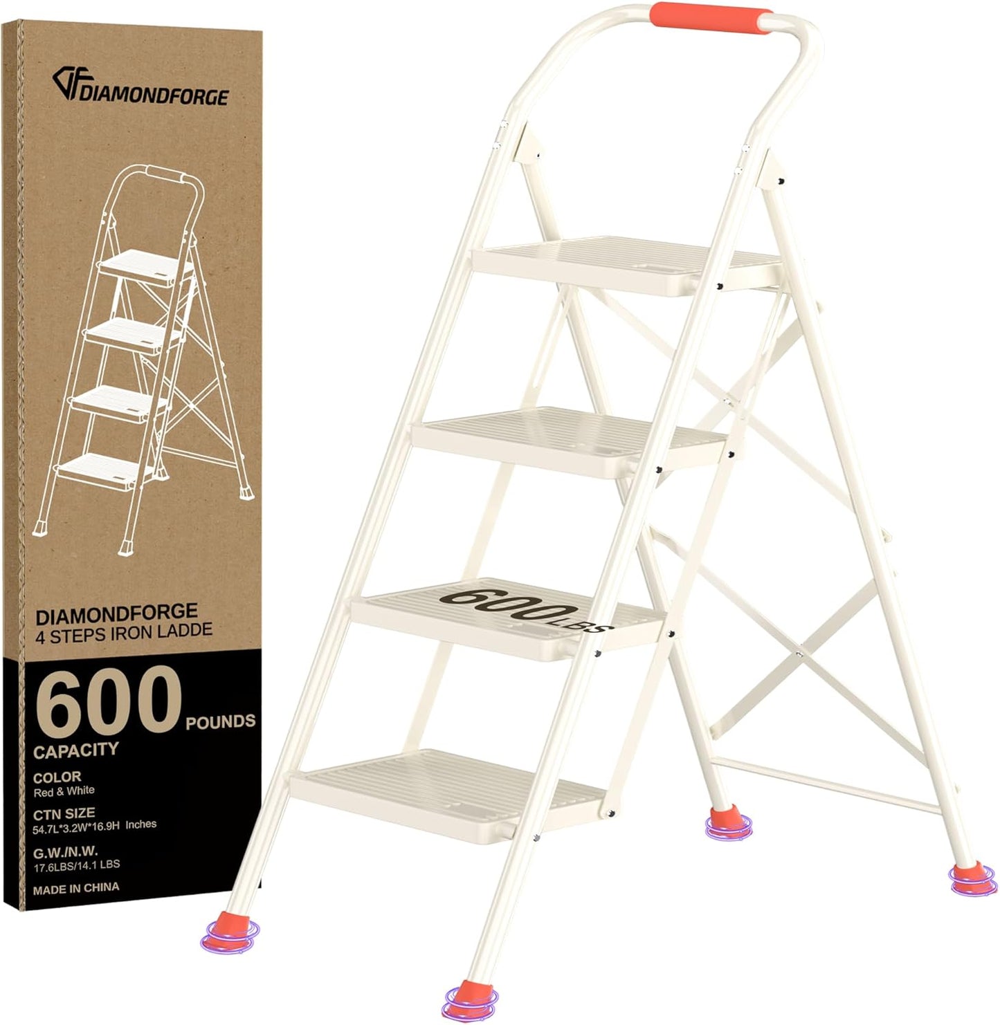 Step Ladder Foldable Folding Stool - for Home Adults Kitchen 4 Stepping Extension Tall Heavy Duty with Handrails - Closet Stepstool Stair Ladders Extendable Stepladder for Indoor House 600Lbs