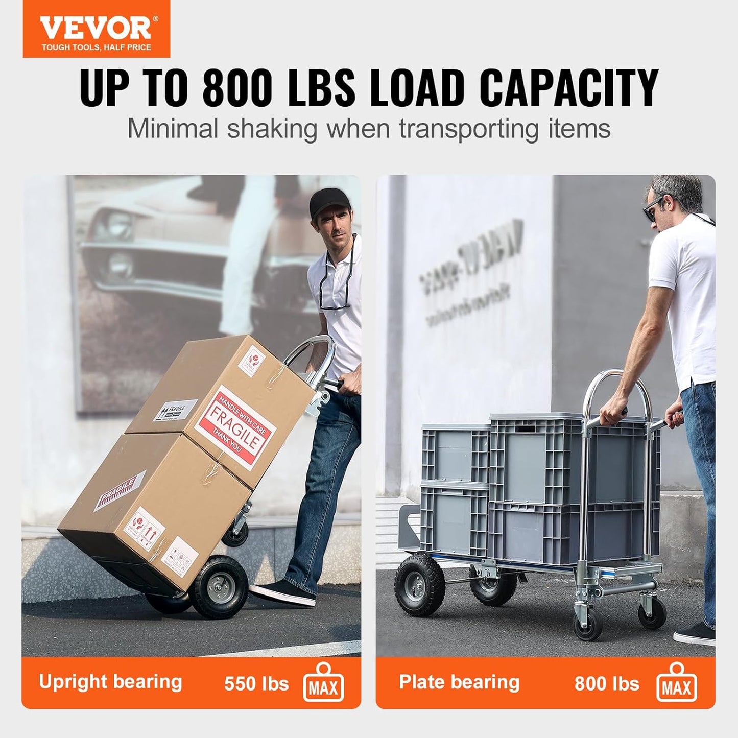VEVOR Aluminum Truck, 2 in 1, 800 lbs Load Capacity, Heavy Duty Industrial Convertible Folding Hand Truck and Dolly, Utility Cart Converts from Hand Truck to Platform Cart with Rubber Wheels