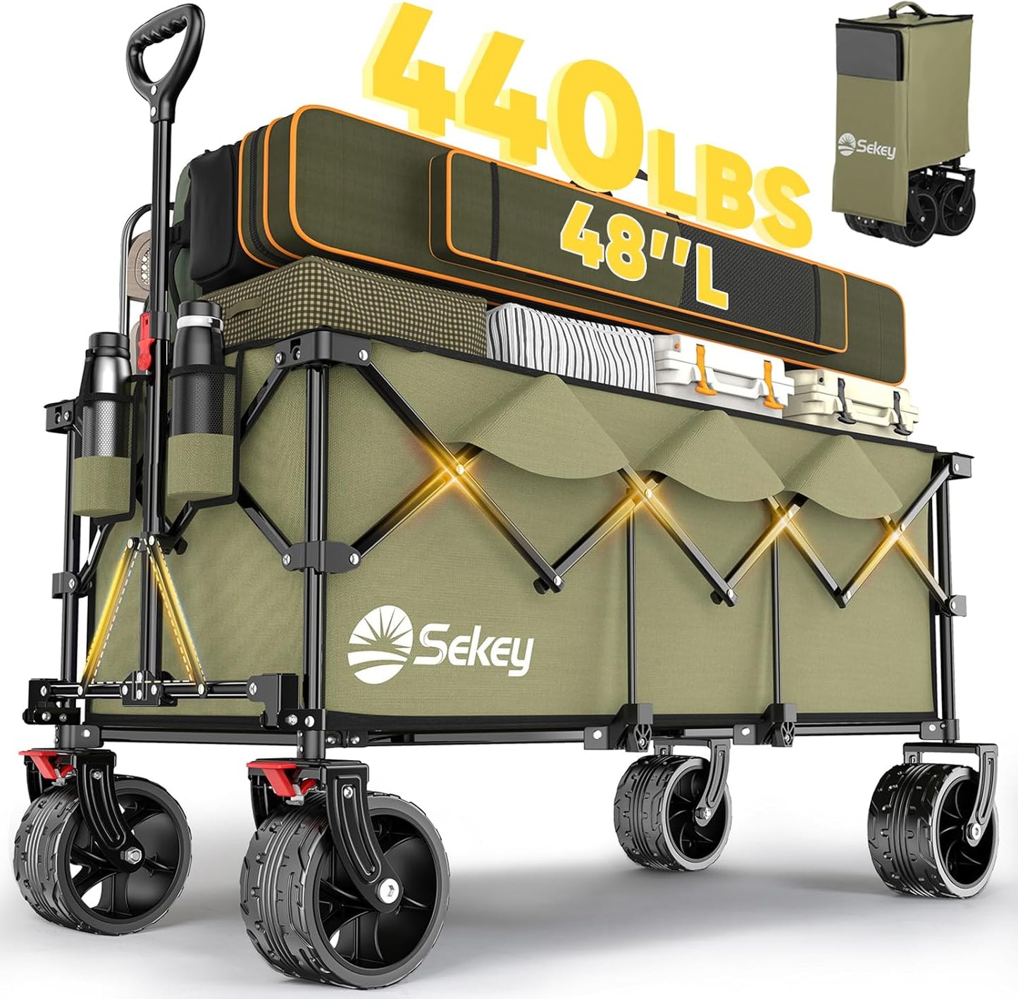 Sekey 48''L Collapsible Foldable Extended Wagon with 440lbs Weight Capacity, Heavy Duty 300L Folding Utility Garden Cart with Big All-Terrain Beach Wheels & Drink Holders. Black