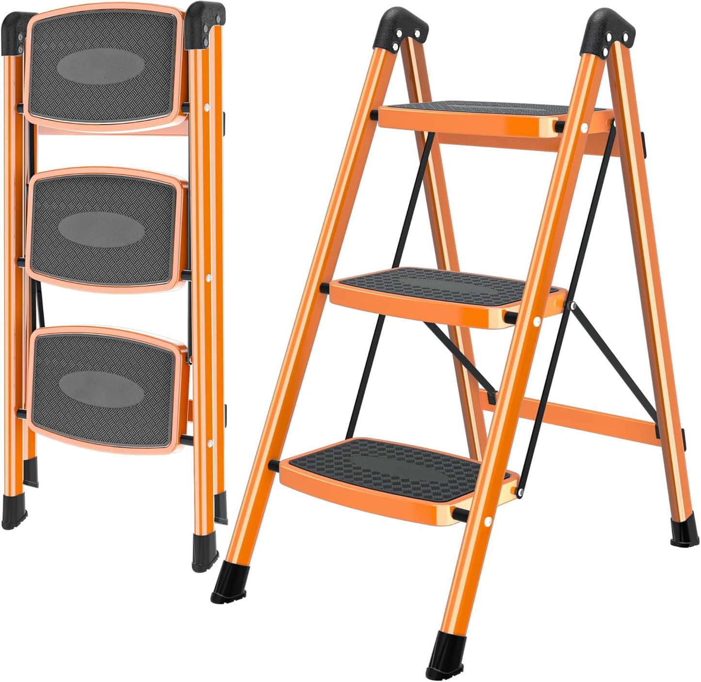 Step Ladder Foldable Folding Stool - for Home Adults Kitchen 4 Stepping Extension Tall Heavy Duty with Handrails - Closet Stepstool Stair Ladders Extendable Stepladder for Indoor House 600Lbs